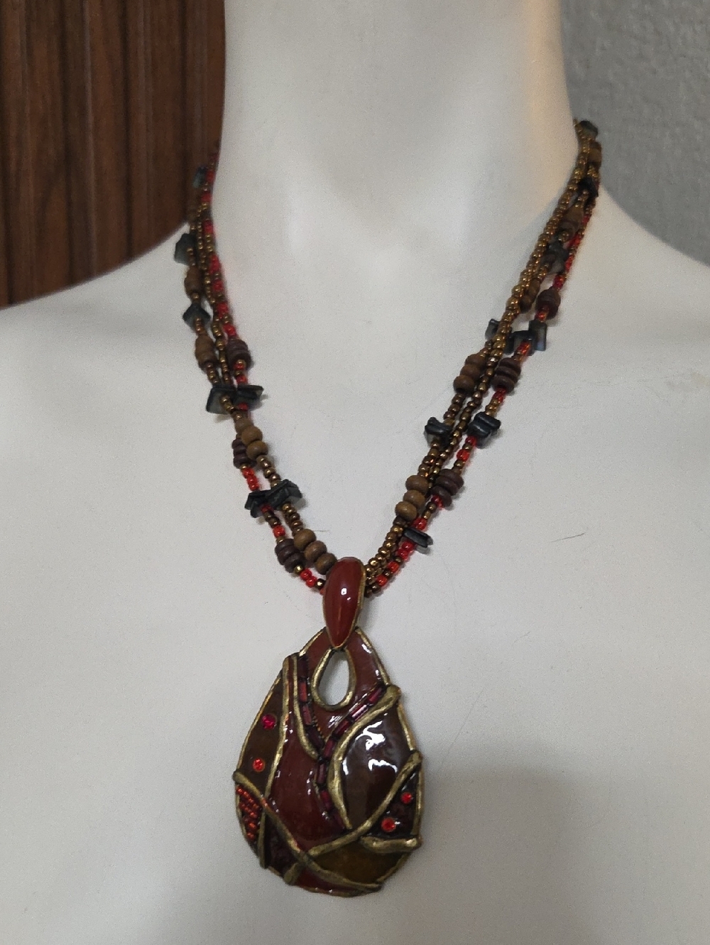 Handcrafted Brown and Red Beaded Pendant Necklace